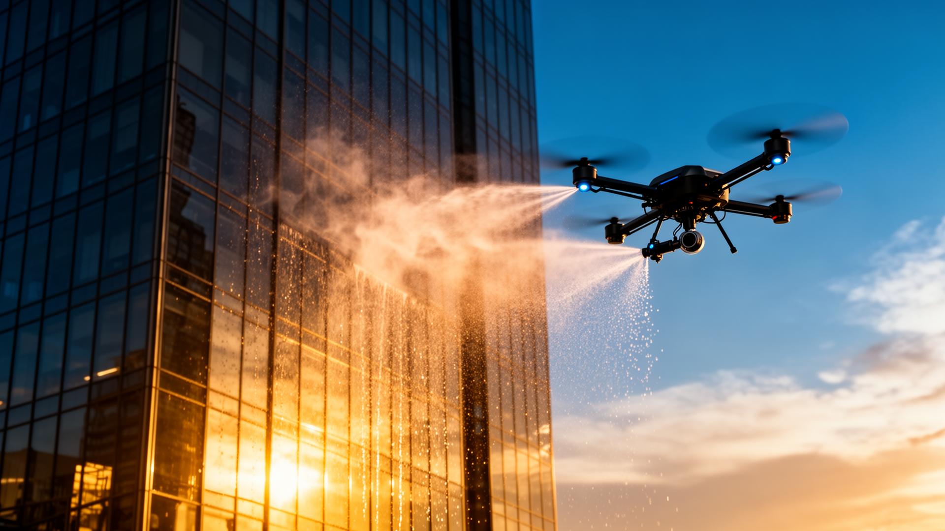 Drone cleaning a high-rise glass building at sunset
